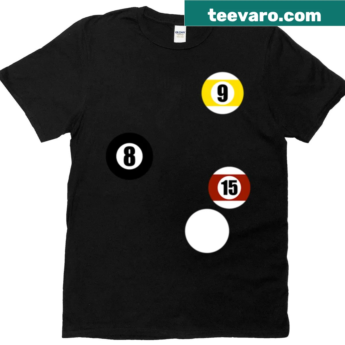 Pool billiards logo featuring an eight ball design — on a men's t-shirt