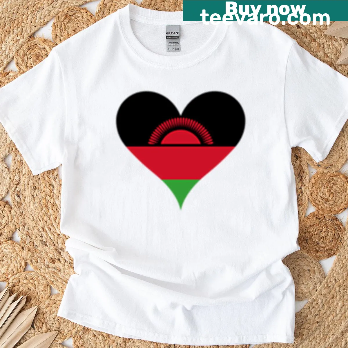 T-shirt featuring a heart design with the Malawi flag — on a men's t-shirt