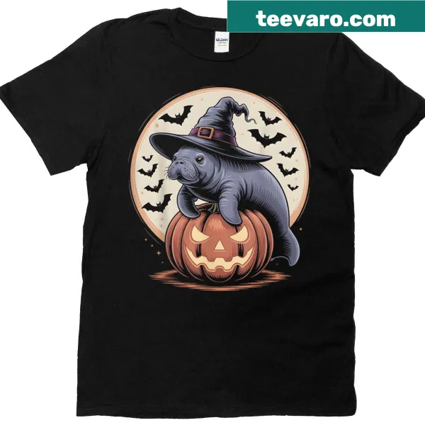 Playful Halloween t-shirt with manatee in witch hat and pumpkins.