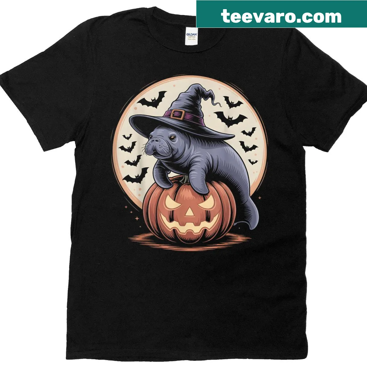 Playful Halloween t-shirt with manatee in witch hat and pumpkins. — on a men's t-shirt