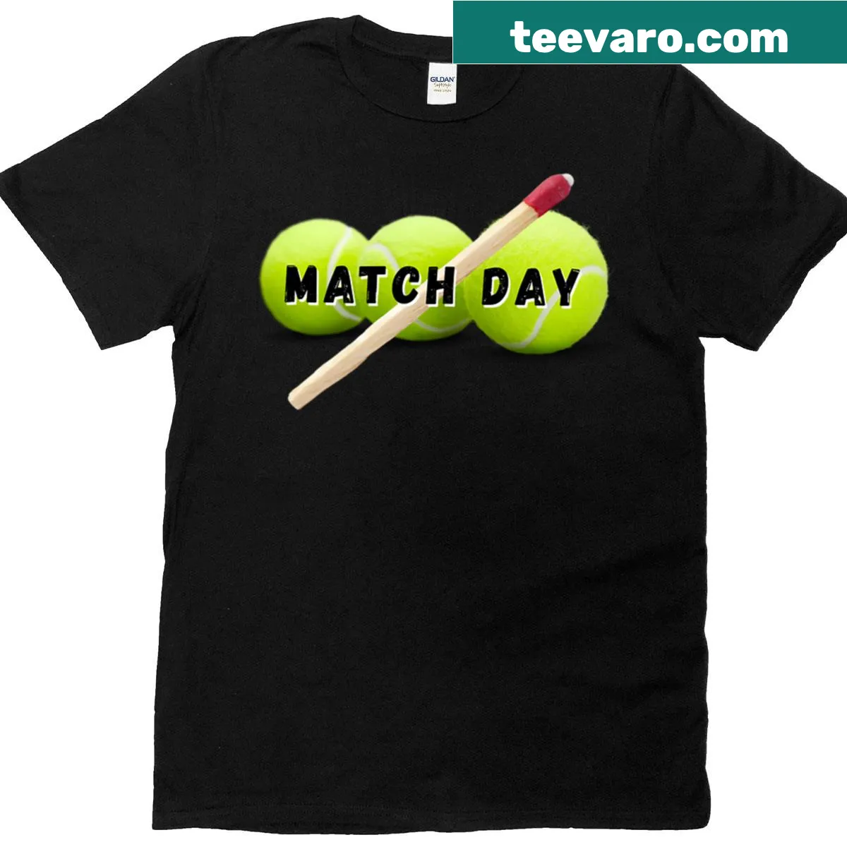 Tennis-themed t-shirt featuring a playful Match Day design in badge-emblem style. — on a men's t-shirt