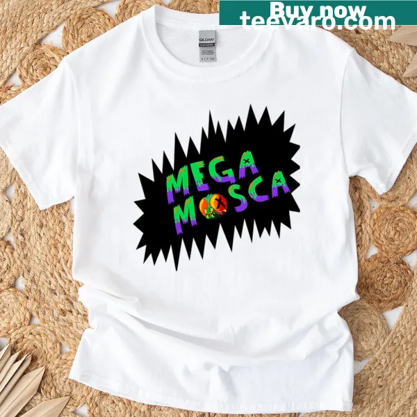 Cartoon T-shirt featuring the phrase 'Mega Mosca'