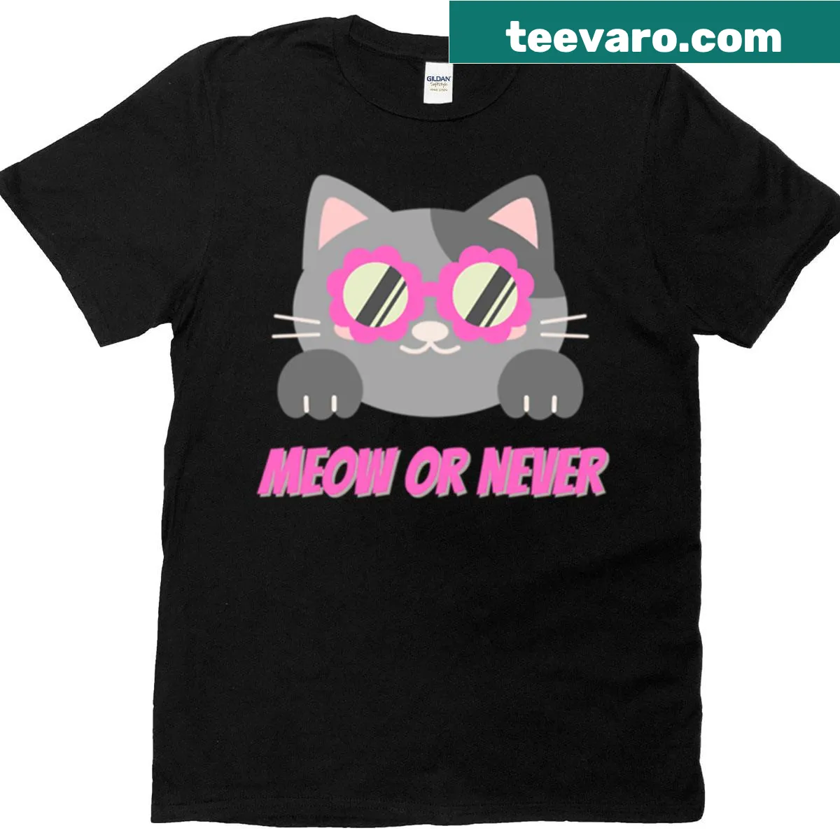 Playful cat lover shirt with 'Meow Or Never' text and illustration — on a men's t-shirt