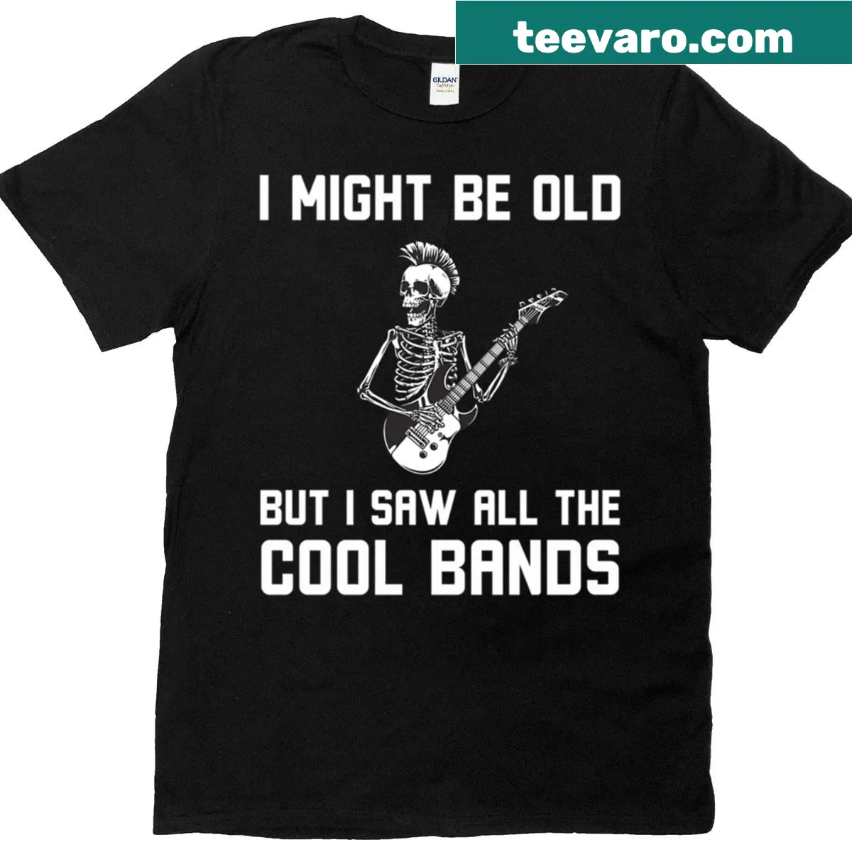 Funny skeleton T-shirt with concert-themed text about cool bands — on a men's t-shirt