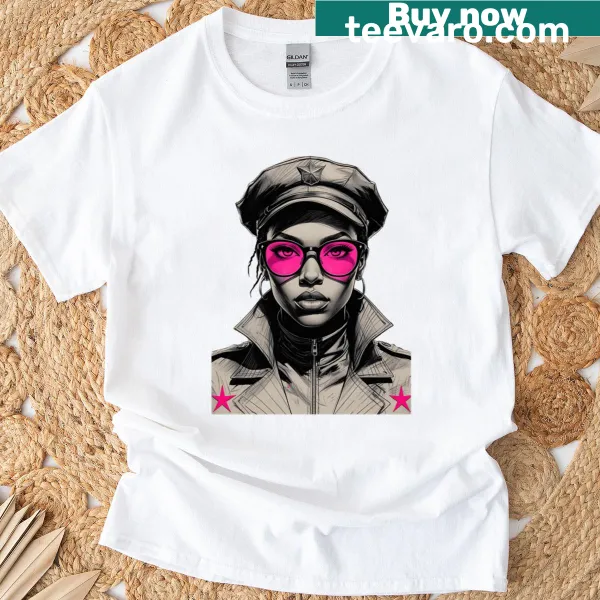 Empowering T-shirt with a military woman and pink sunglasses design.