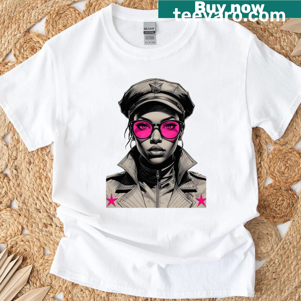 Empowering T-shirt with a military woman and pink sunglasses design. — on a men's t-shirt
