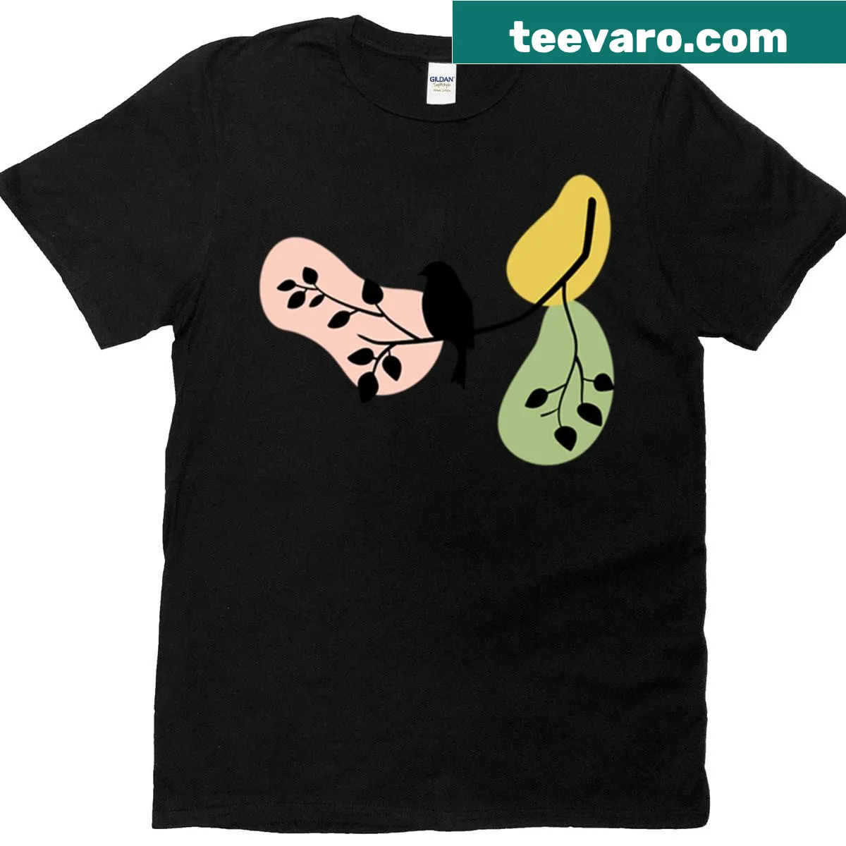 Minimalist t-shirt with a bird silhouette and abstract pastel shapes — on a men's t-shirt