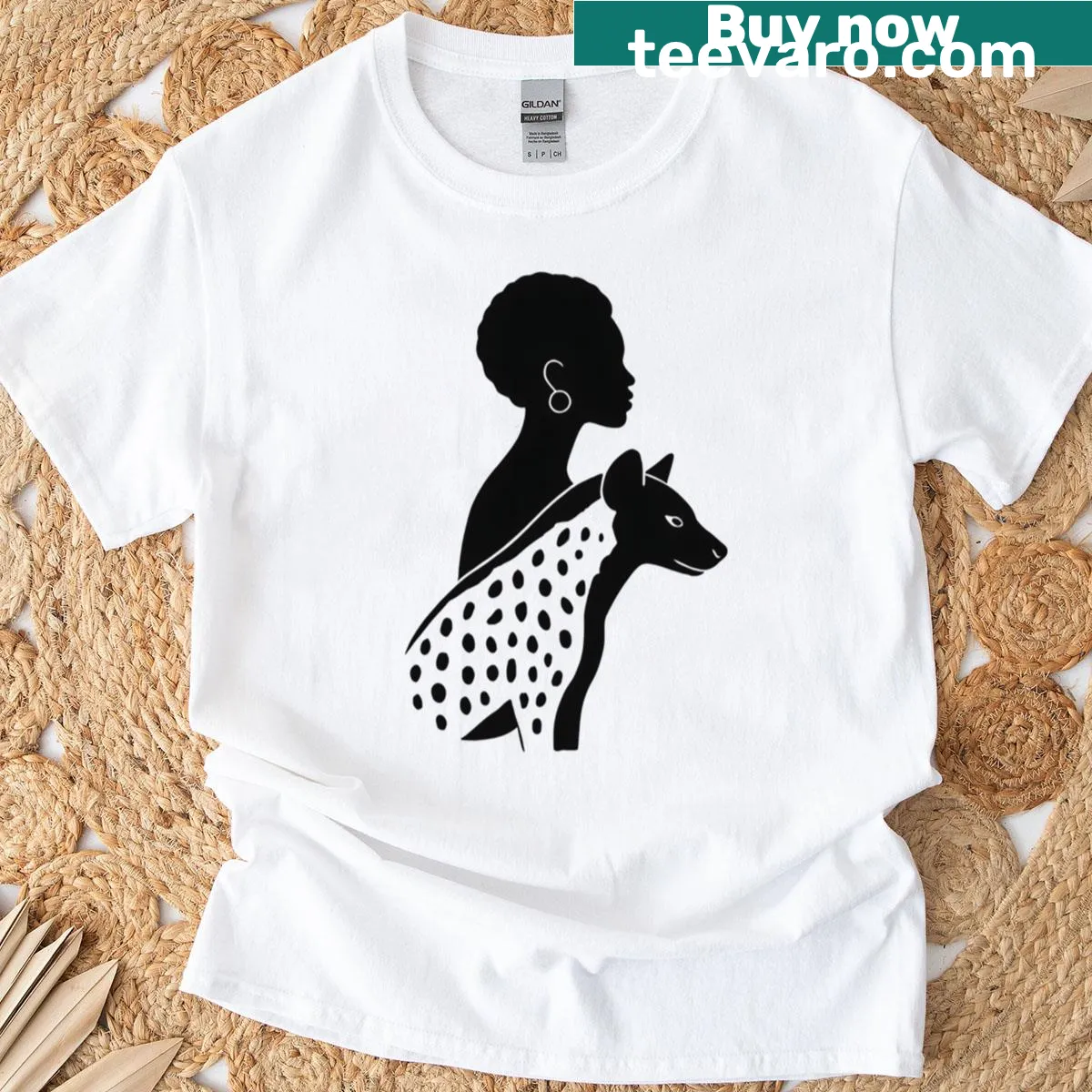Silhouette of a Black woman and hyena in minimalist design — on a men's t-shirt
