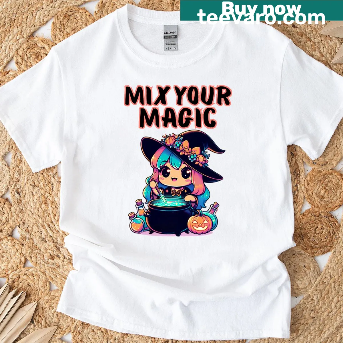 Cute witch graphic on a Halloween-themed shirt. — on a men's t-shirt