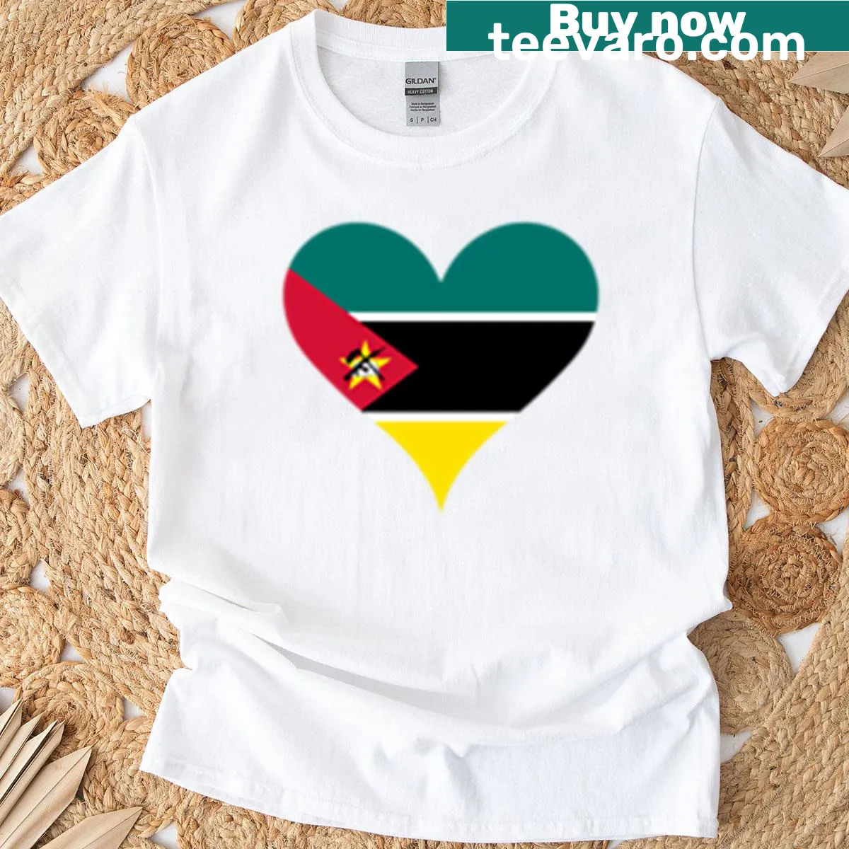 Heart-shaped Mozambique flag graphic on a patriotic shirt. — on a men's t-shirt