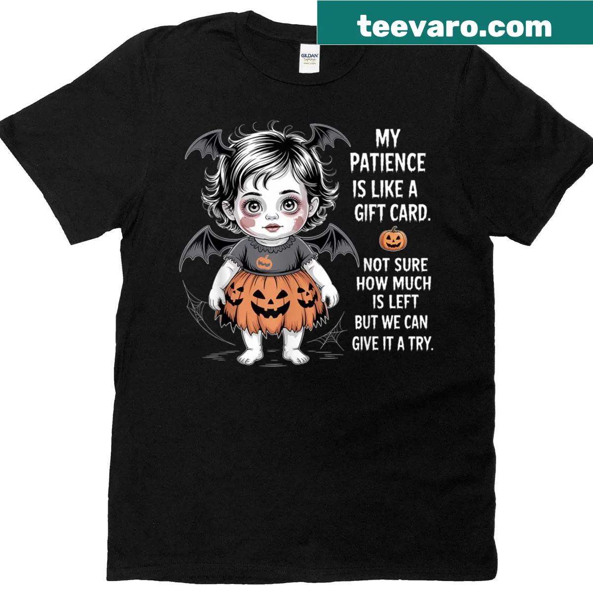 Funny Halloween shirt with the phrase about patience on the chest — on a men's t-shirt