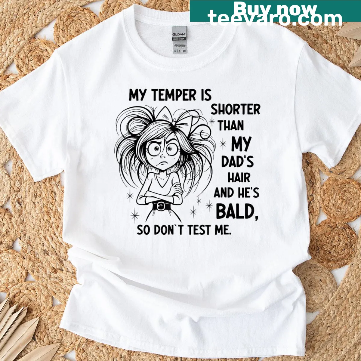 Funny T-shirt with a humorous phrase about temper and baldness — on a men's t-shirt