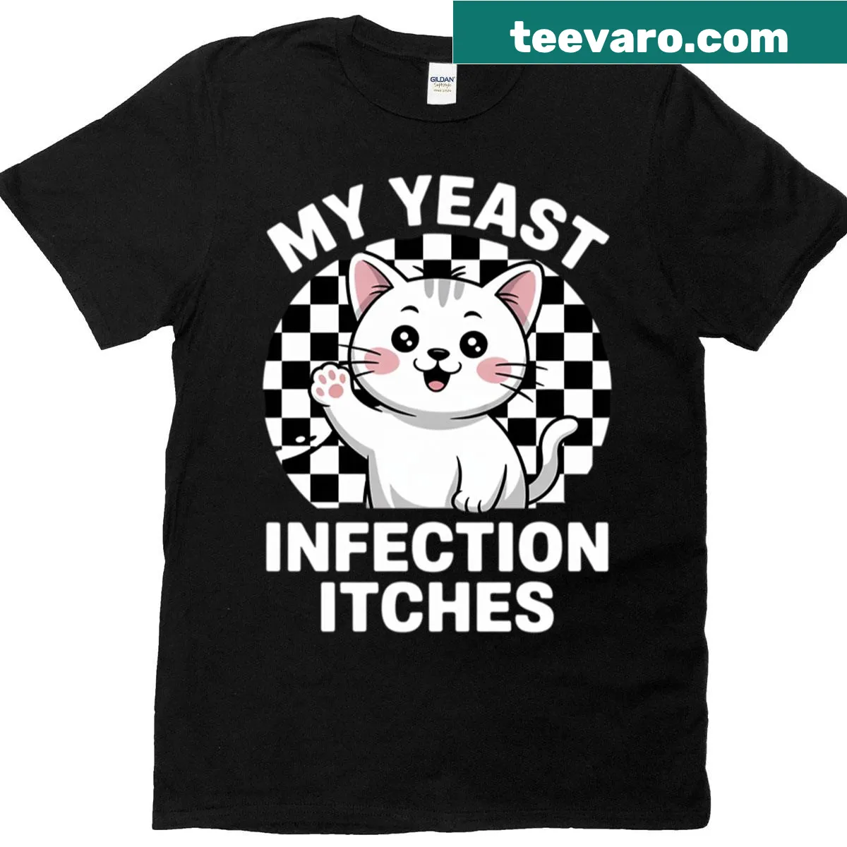 Humorous meme design shirt featuring a quirky cat and yeast infection theme — on a men's t-shirt