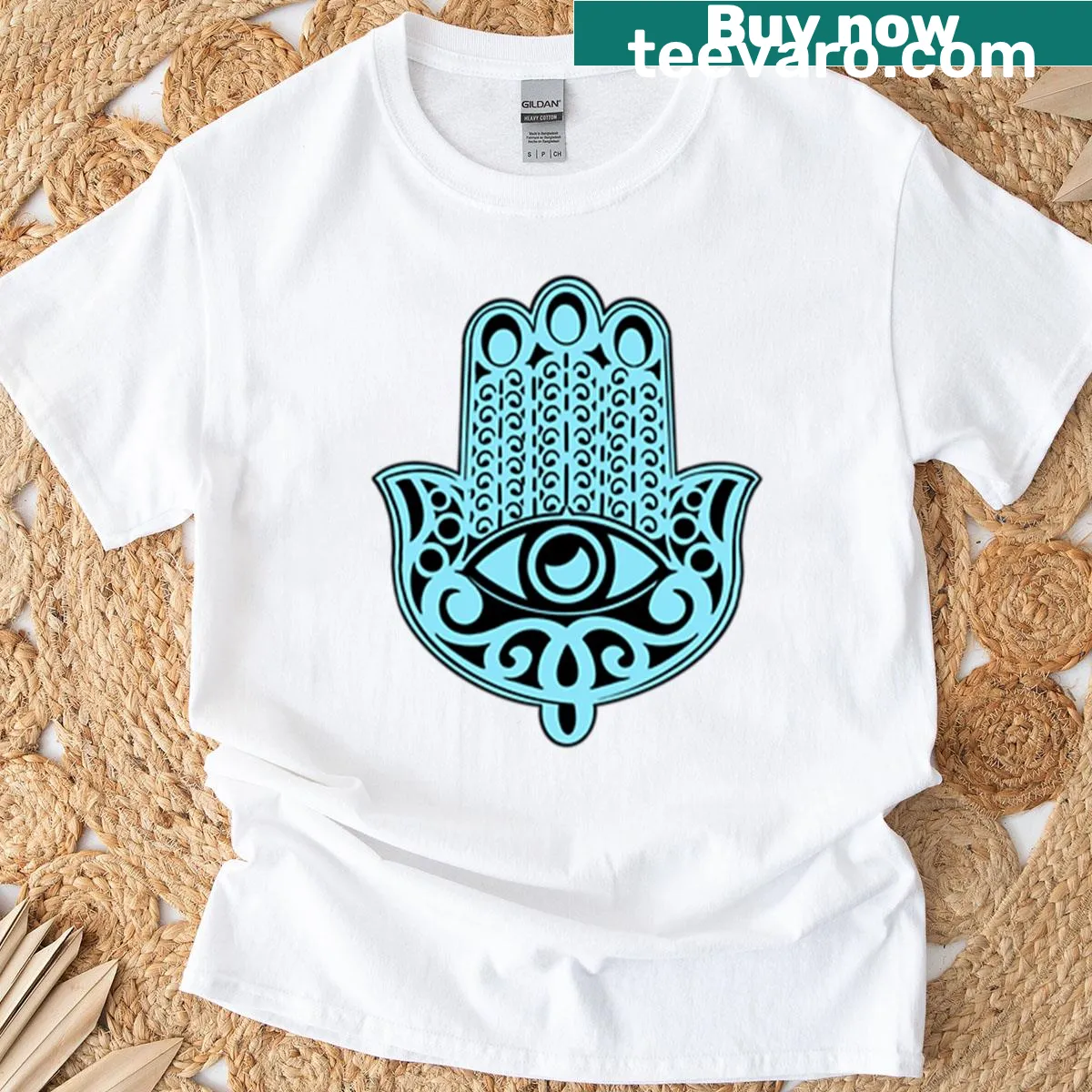 Intricate Hamsa hand illustration on T-shirt — on a men's t-shirt