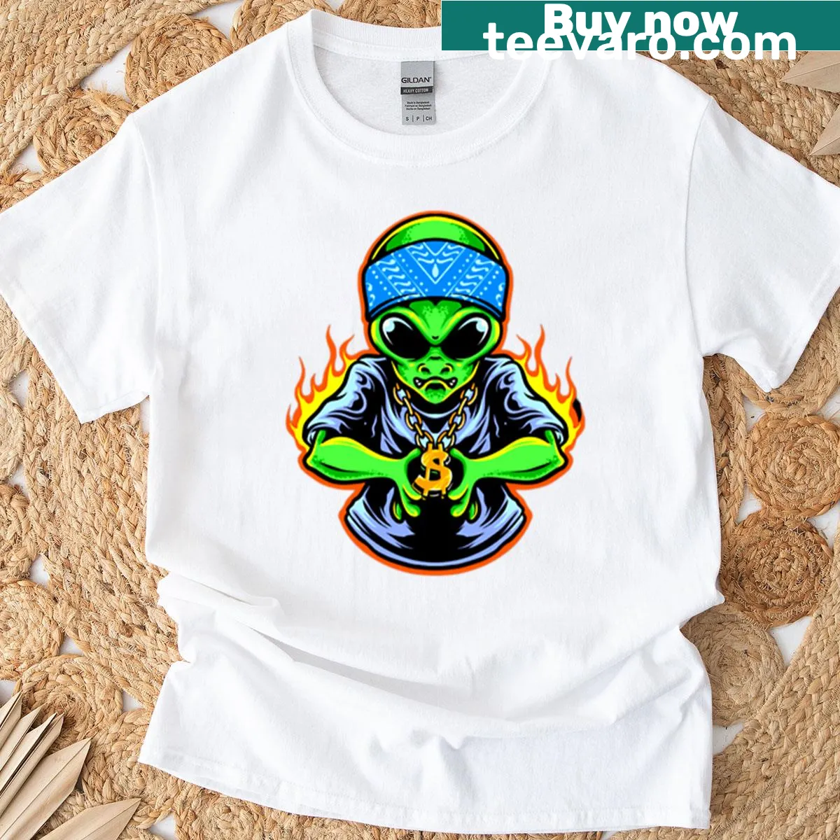 Playful pop-art alien graphic T-shirt — on a men's t-shirt