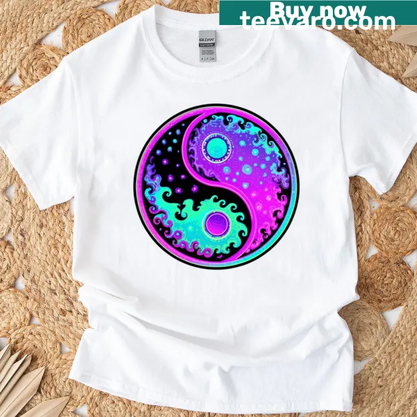 Neon doodle Ying Yang graphic printed on a casual t-shirt