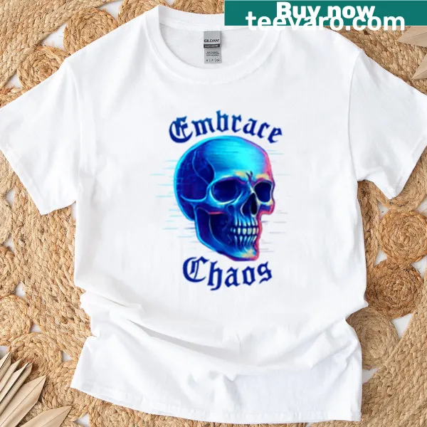 Edgy neon glitch skull with gothic script on T-shirt