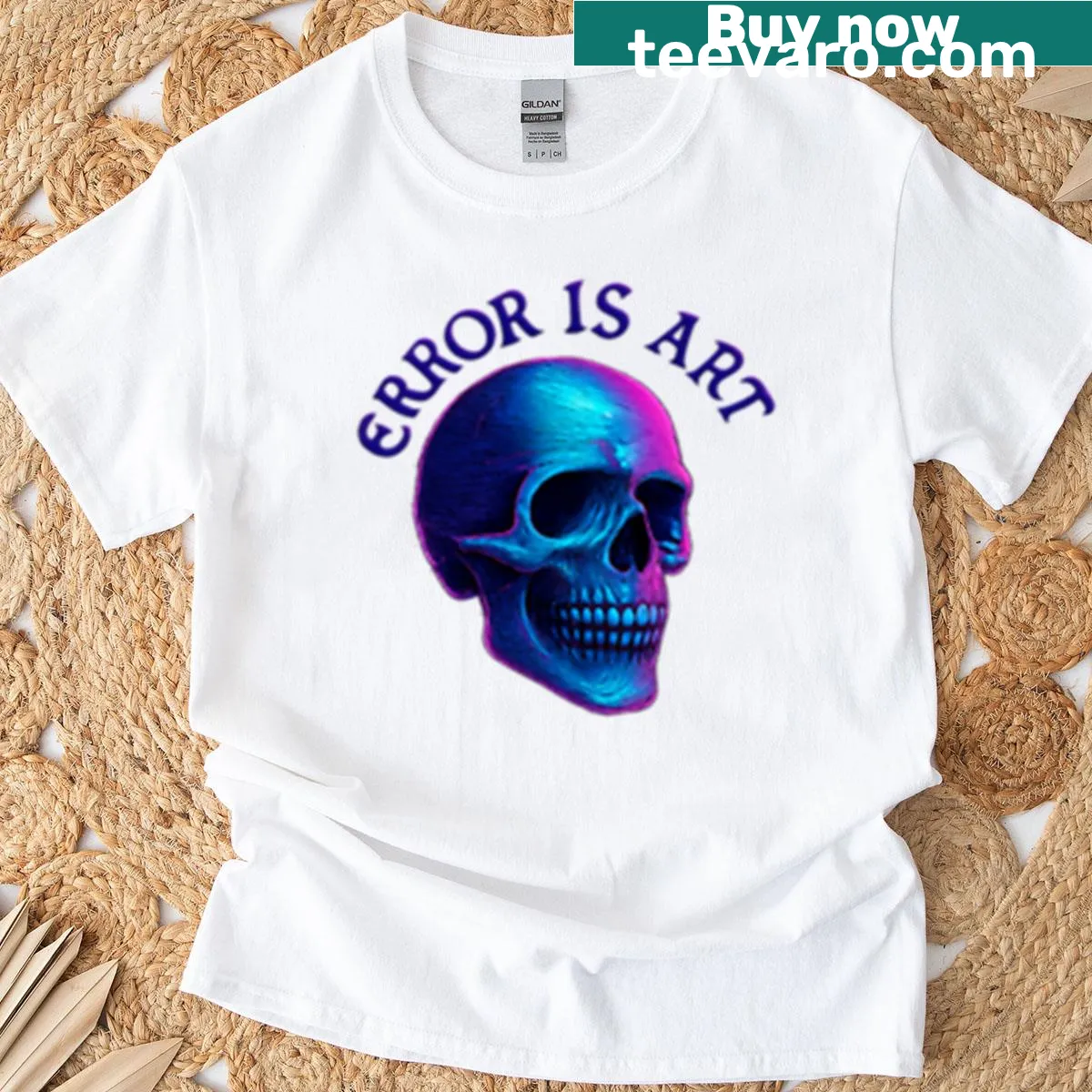 Neon glitch skull T-shirt with gothic elements and artistic script — on a men's t-shirt