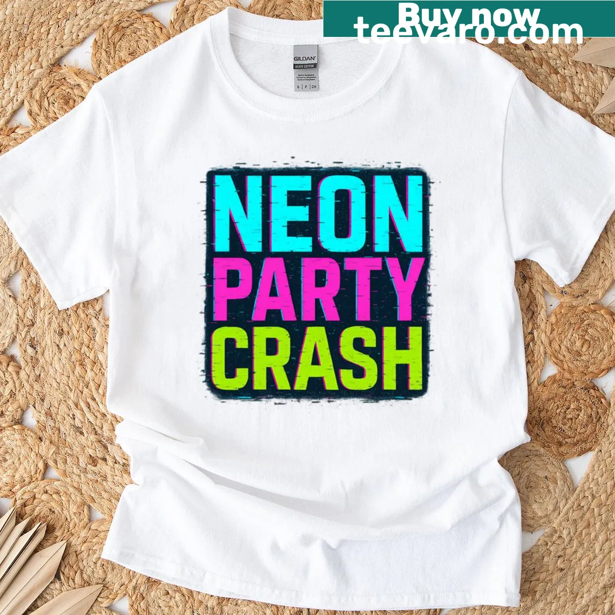 Bold neon glitch typography graphic on a t-shirt — on a men's t-shirt