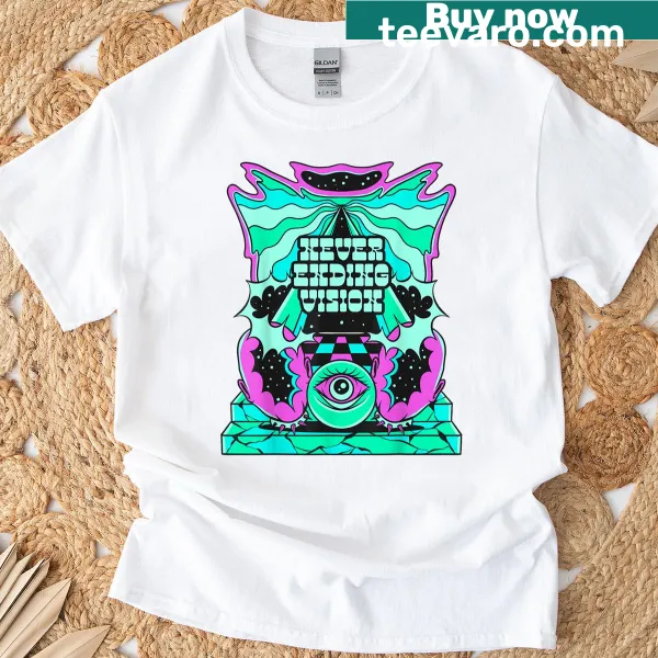 T-shirt featuring a psychedelic vision graphic design.