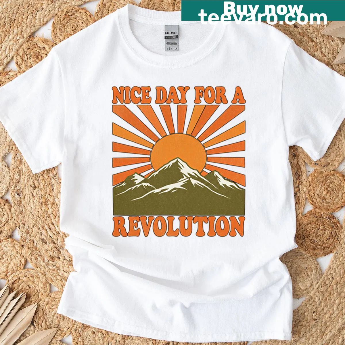 Retro graphic t-shirt with the phrase 'Nice Day For A Revolution'. — on a men's t-shirt
