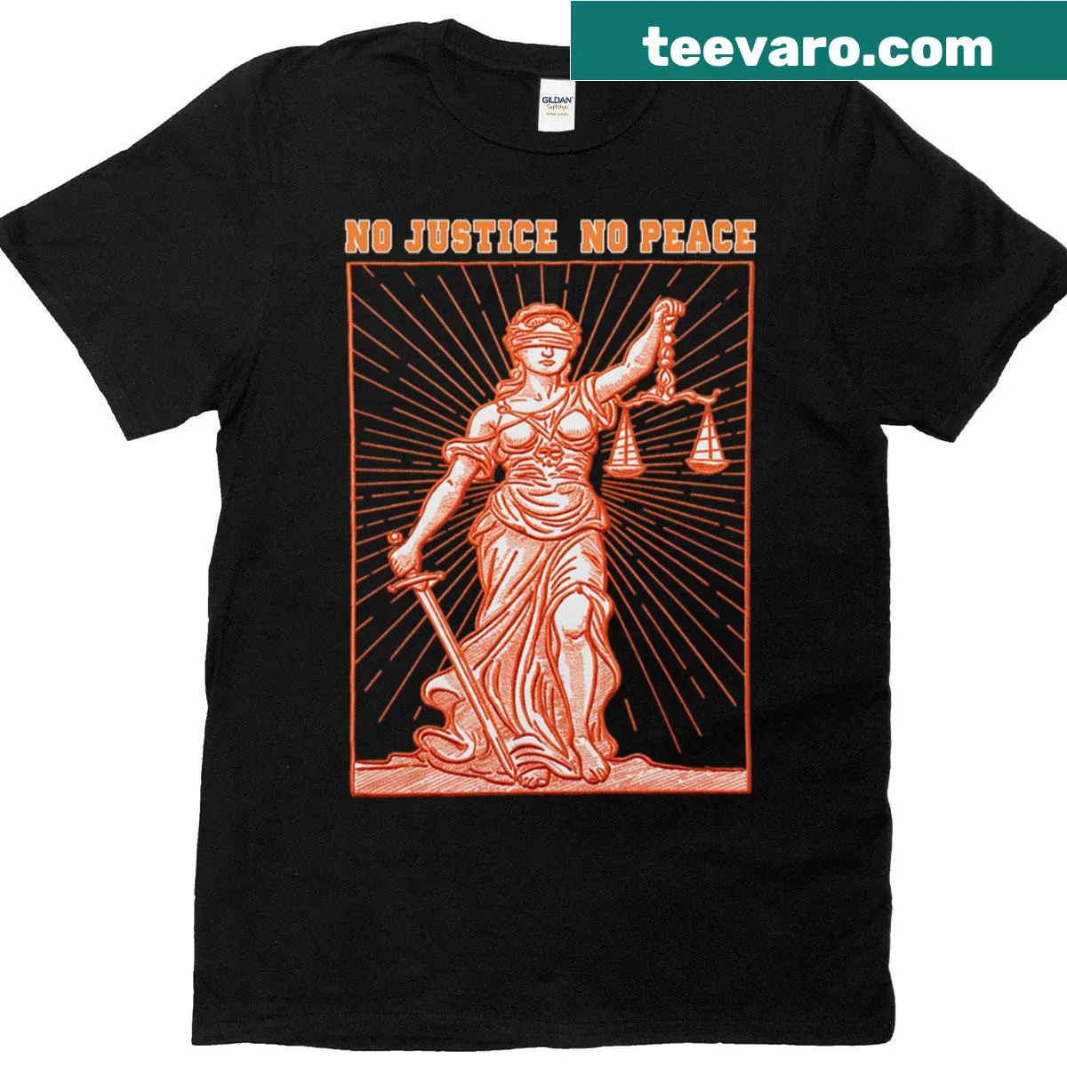 Graphic T-shirt with the phrase 'No Justice No Peace' and Lady Justice — on a men's t-shirt