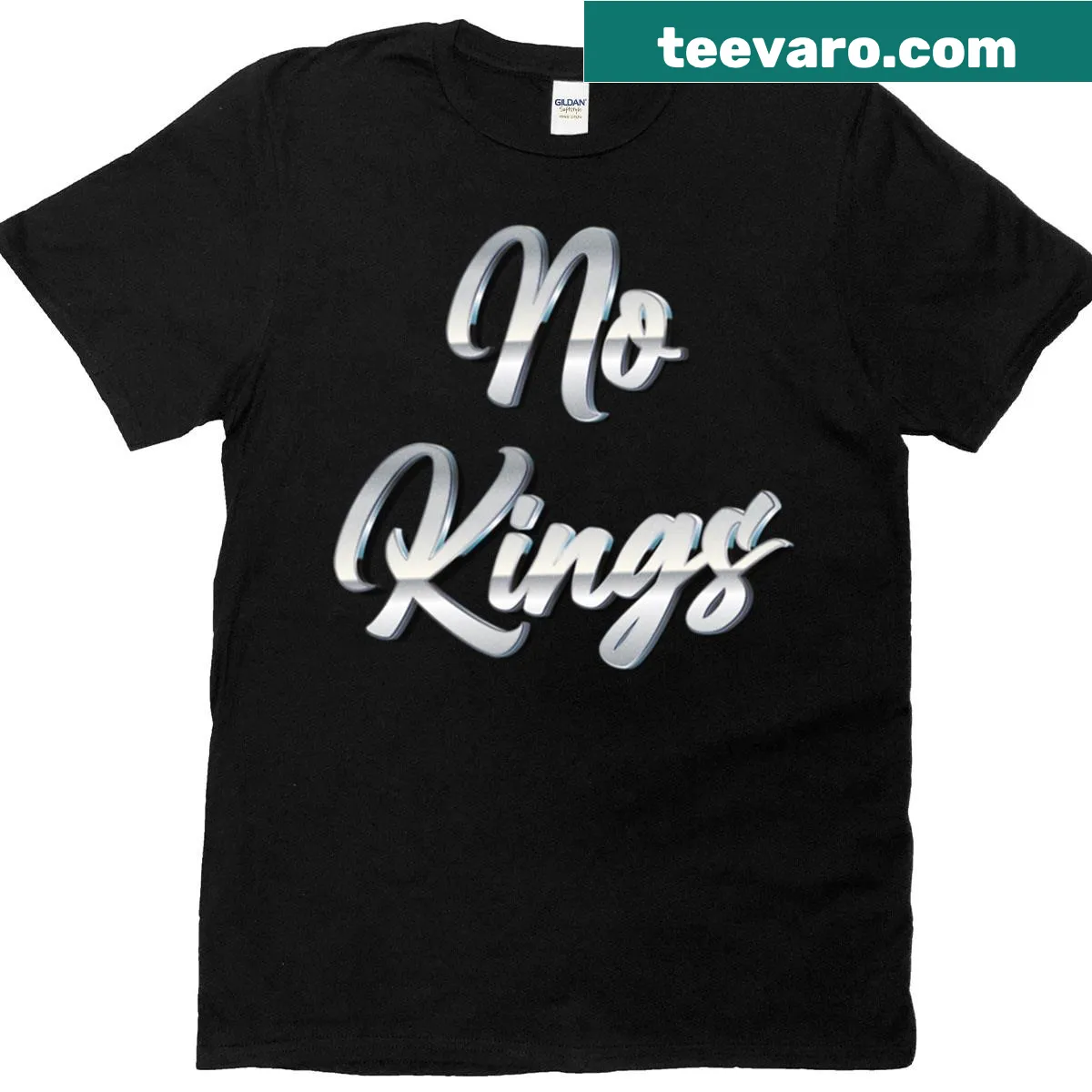 T-shirt with chrome-style 'No Kings' text art — on a men's t-shirt