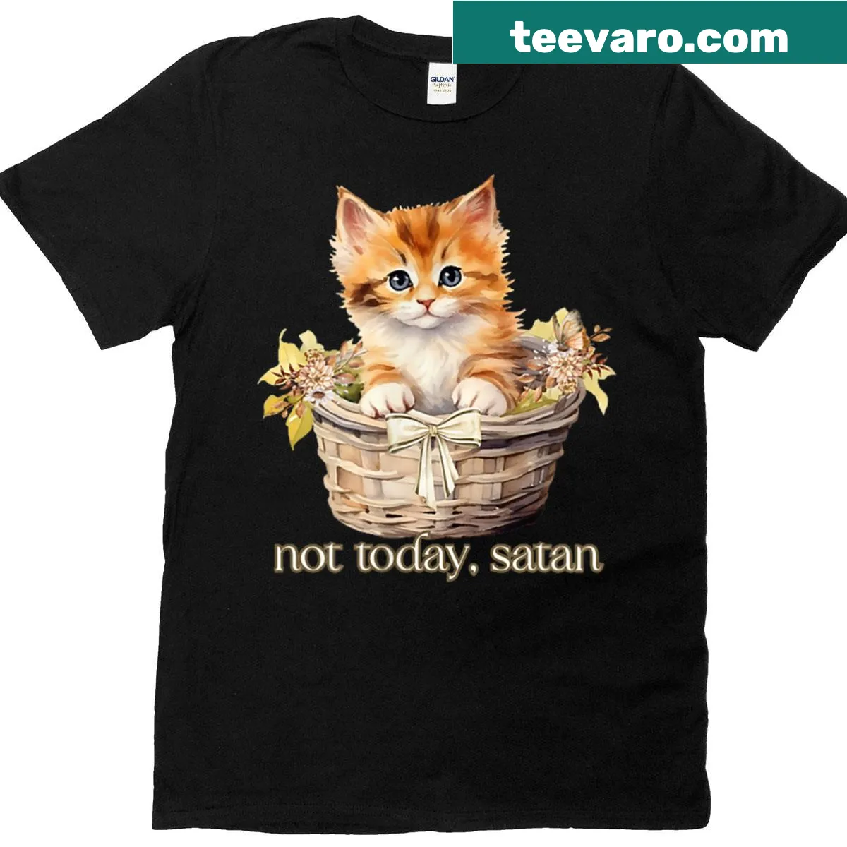T-shirt with a cute kitten and the phrase 'Not Today Satan.' — on a men's t-shirt