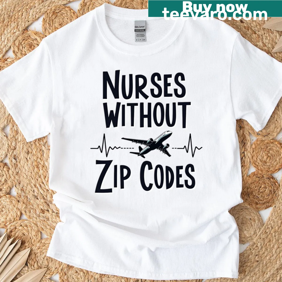 Typography design stating 'Nurses Without Zip Codes' on a T-shirt — on a men's t-shirt
