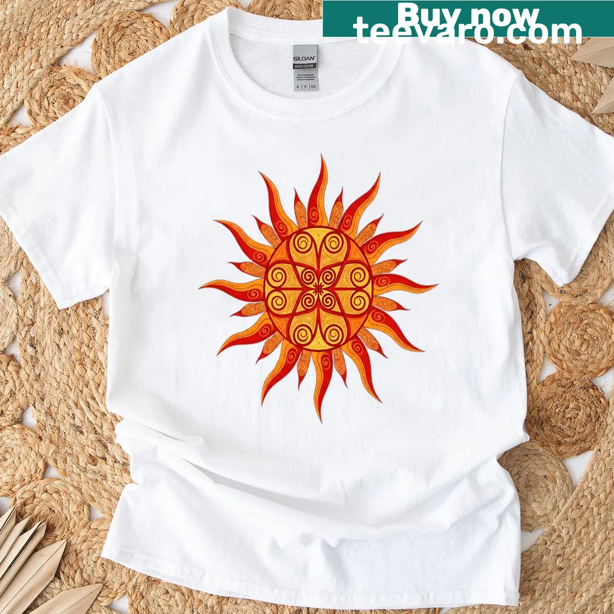 Ornamental sun and botanical design on a t-shirt. — on a men's t-shirt