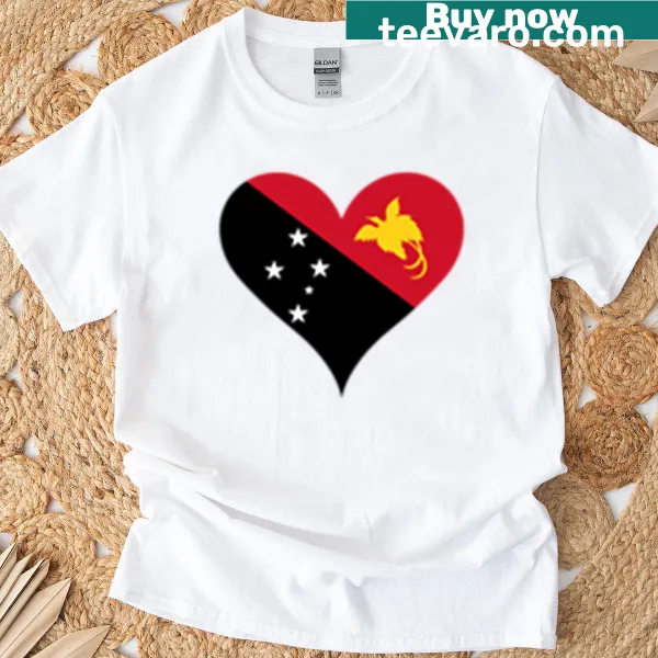 Heart-shaped Papua New Guinea flag graphic on a t-shirt.