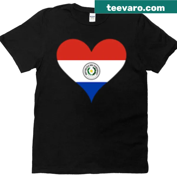 T-shirt featuring a heart-shaped Paraguayan flag with peace and justice themes.