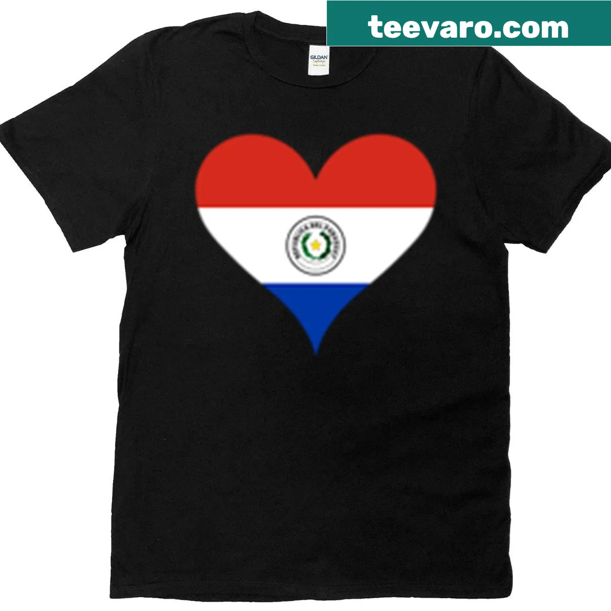 T-shirt featuring a heart-shaped Paraguayan flag with peace and justice themes. — on a men's t-shirt