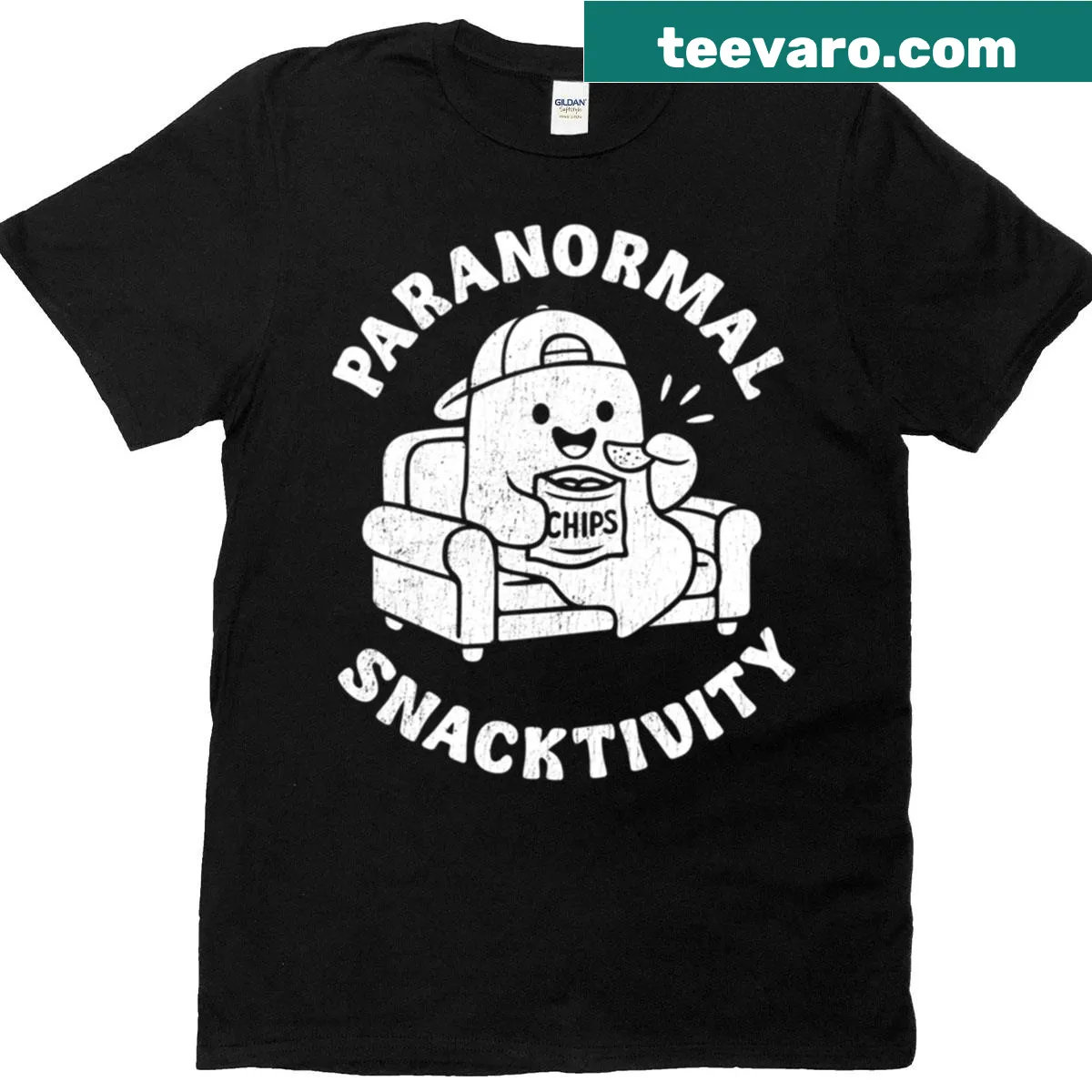 Playful t-shirt with 'Paranormal Snacktivity' text and spooky design — on a men's t-shirt