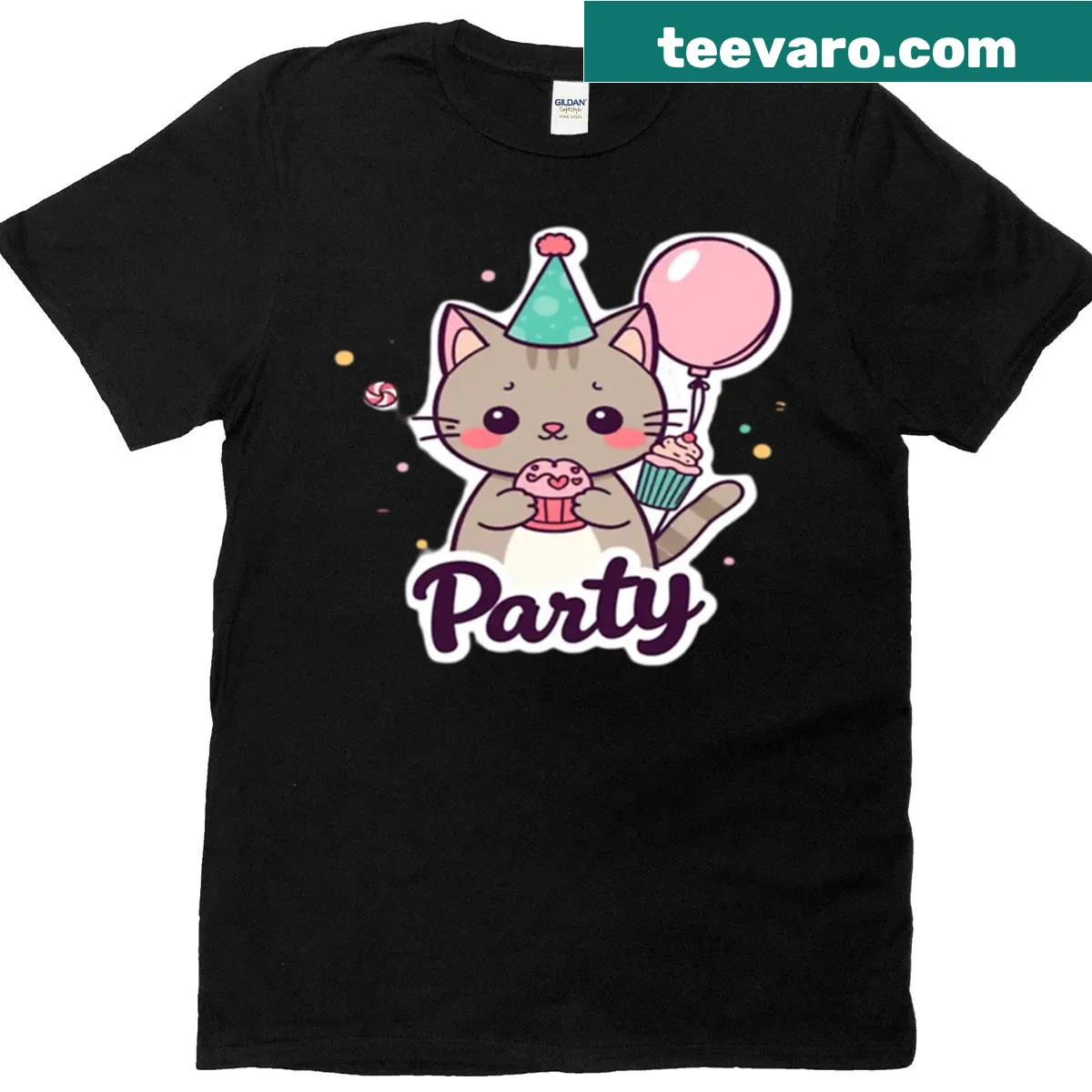 Cute T-shirt featuring a kawaii cat in a celebration design — on a men's t-shirt