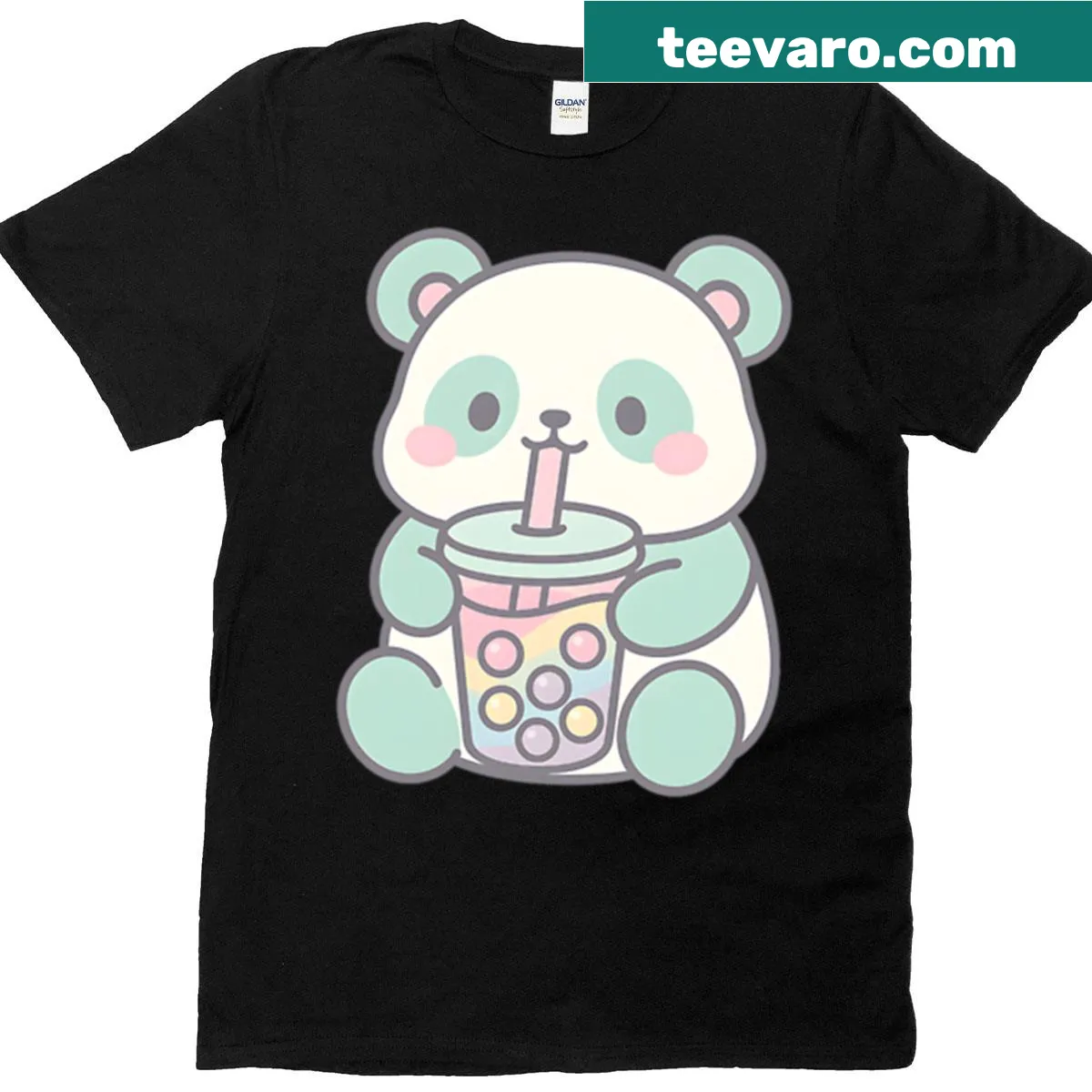 Pastel panda sipping bubble tea surrounded by cute elements on a t-shirt — on a men's t-shirt