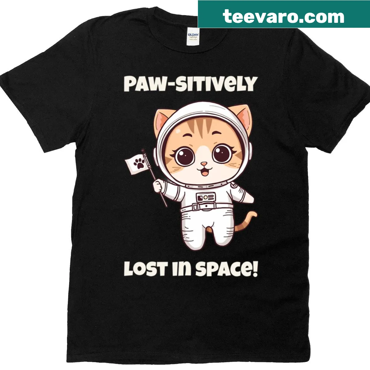 T-shirt featuring a cute cat astronaut with the pun 'Paw-sitively Lost In Space' — on a men's t-shirt