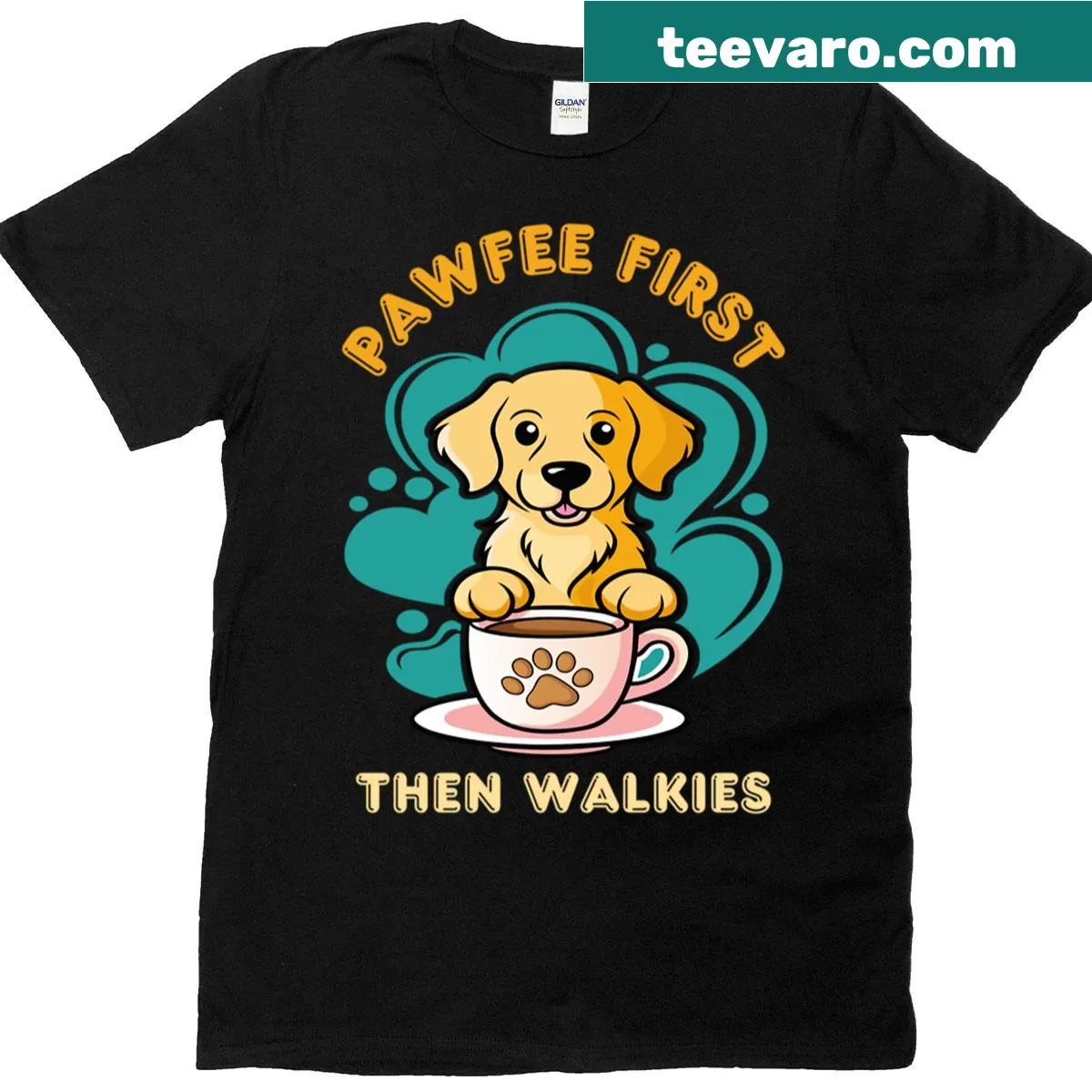 T-shirt with 'Pawfee First Then Walkies' text for dog lovers — on a men's t-shirt