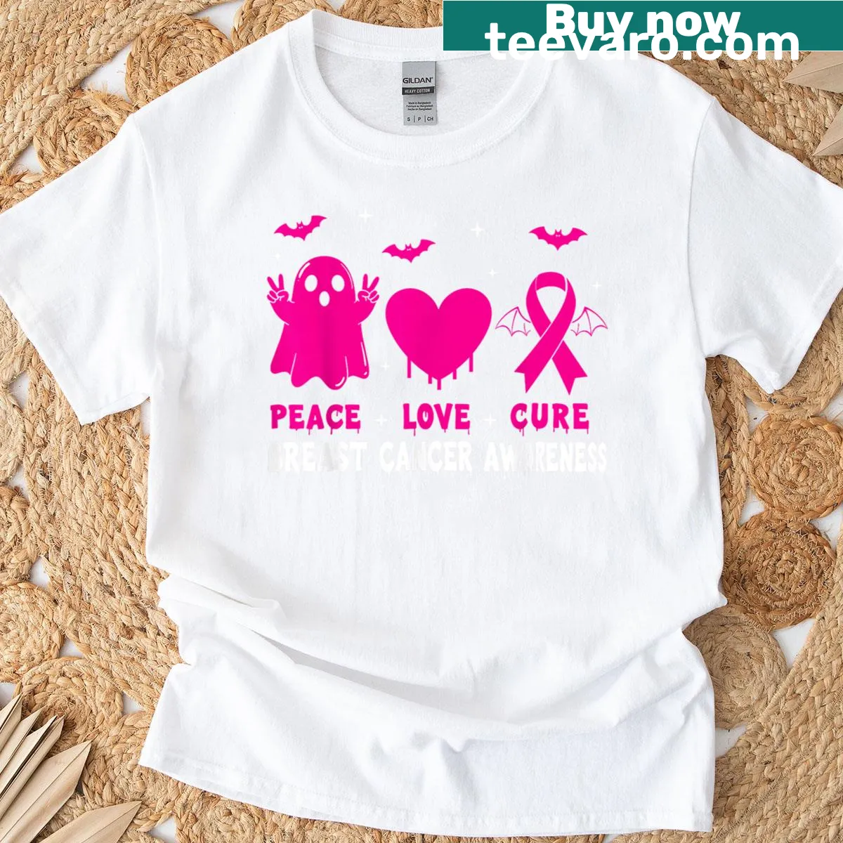 Inspirational t-shirt with 'Peace Love Cure' for Breast Cancer Awareness — on a men's t-shirt