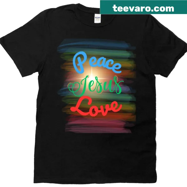 T-shirt featuring the phrase 'Peace Love Jesus' in simple typography