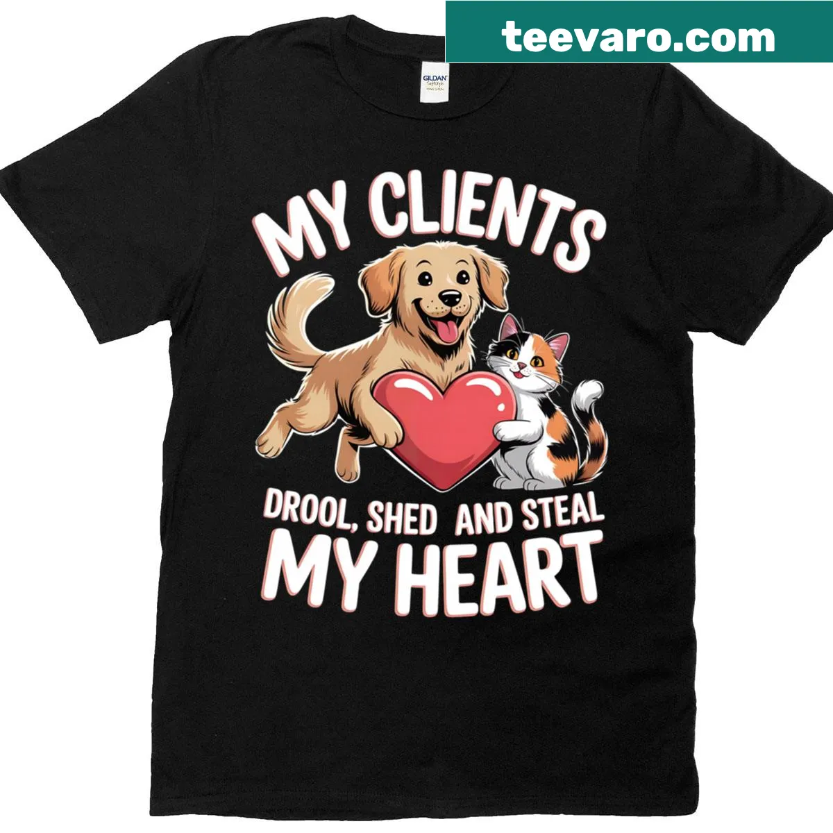 Cute pet sitter shirt with dog and cat graphics — on a men's t-shirt