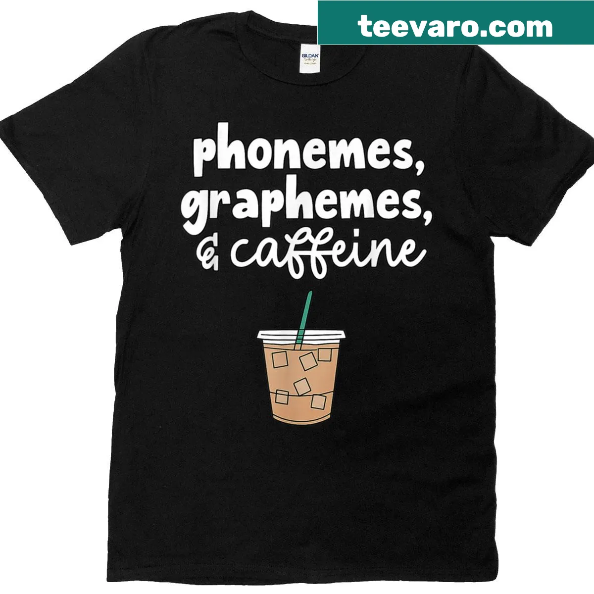 Teacher appreciation t-shirt featuring phonemes and graphemes with coffee graphic — on a men's t-shirt