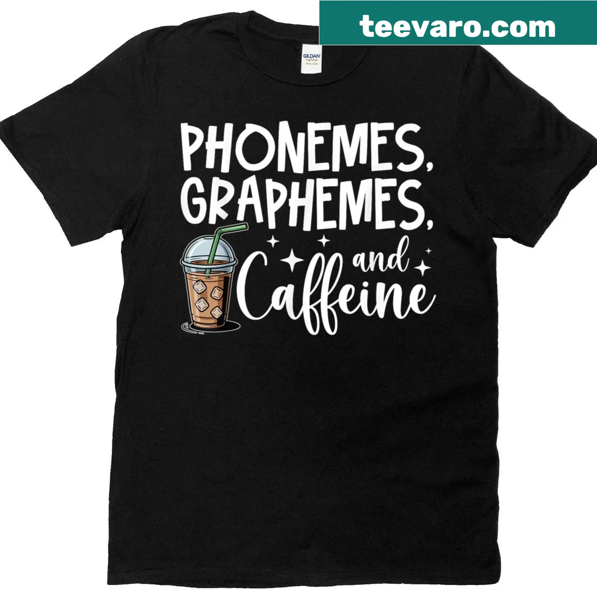 Engaging teacher t-shirt featuring phonetics and coffee — on a men's t-shirt