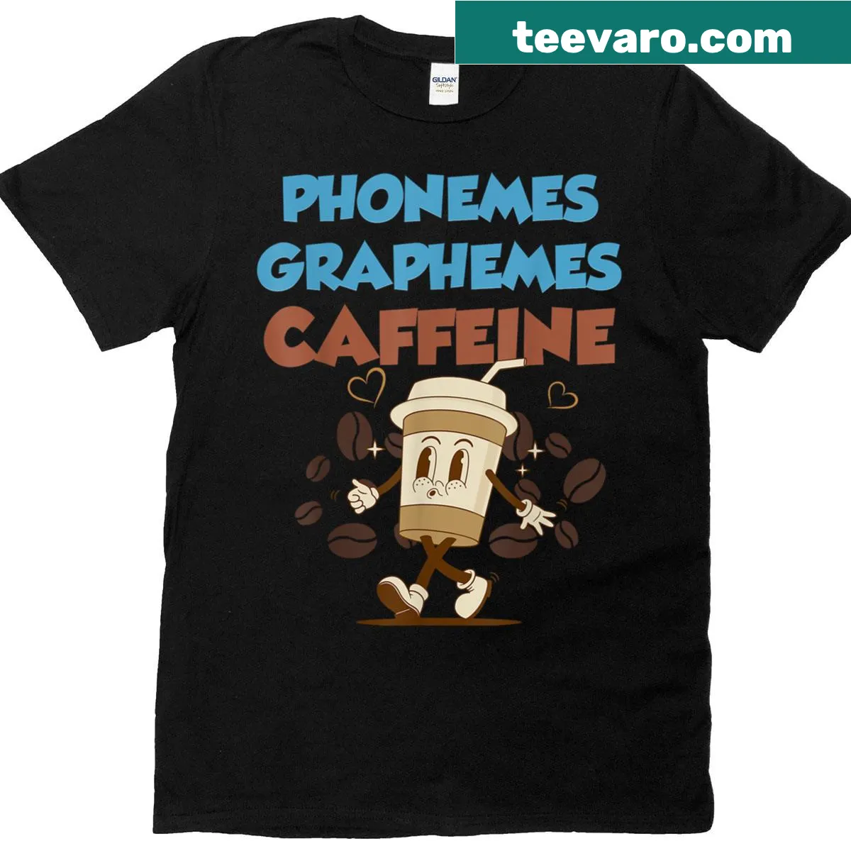 Clever typography celebrating phonemes, graphemes, and caffeine. — on a men's t-shirt