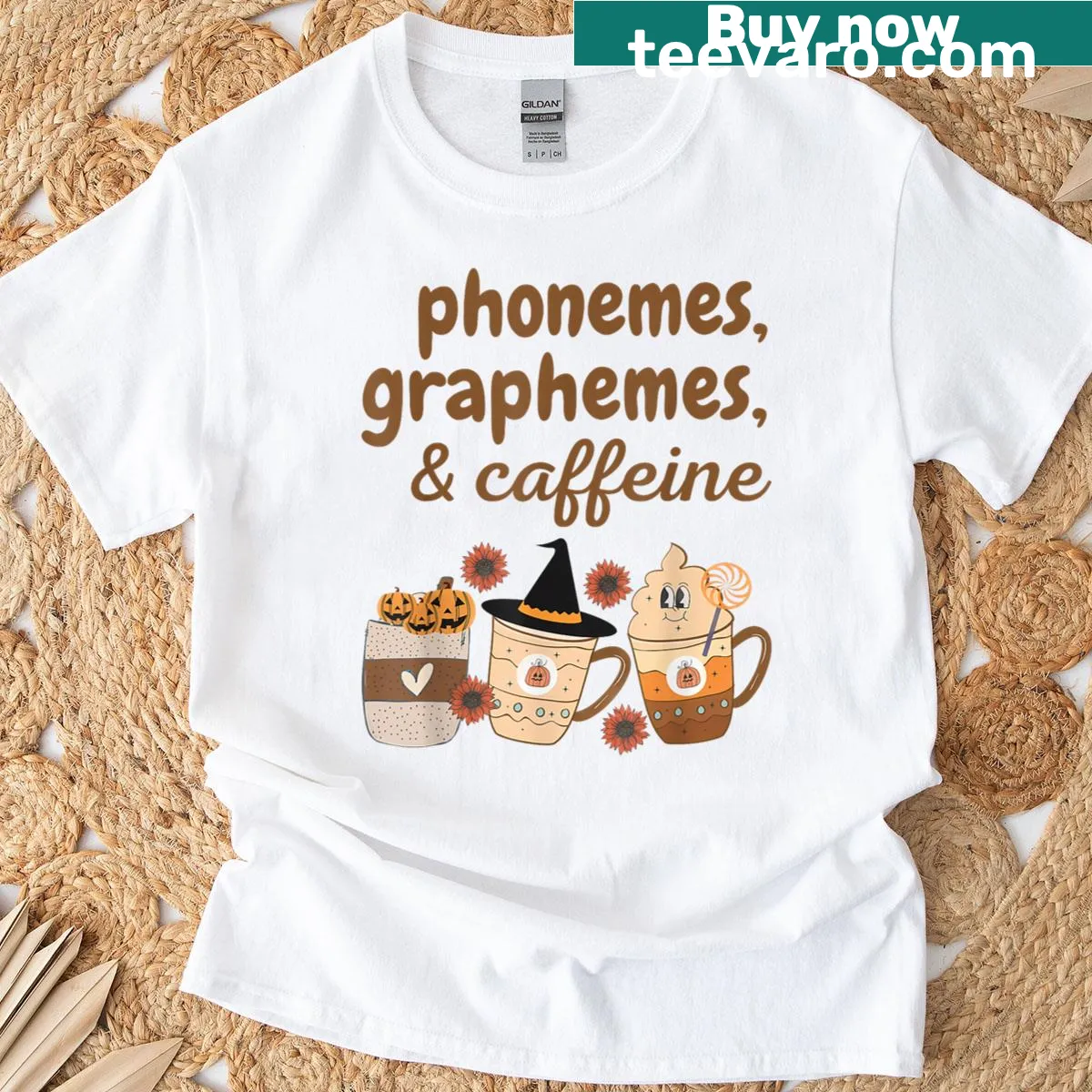Funny reading back-to-school t-shirt featuring phonemes and caffeine — on a men's t-shirt