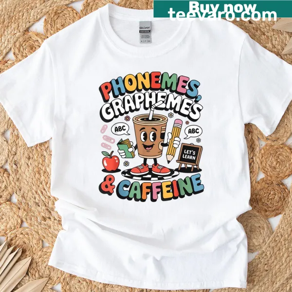 Funny linguistics teacher shirt with phonetics and coffee theme
