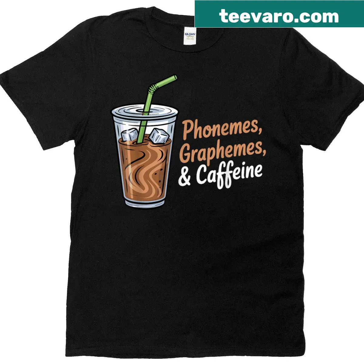 Teacher appreciation t-shirt with phonemes, graphemes, and caffeine design — on a men's t-shirt