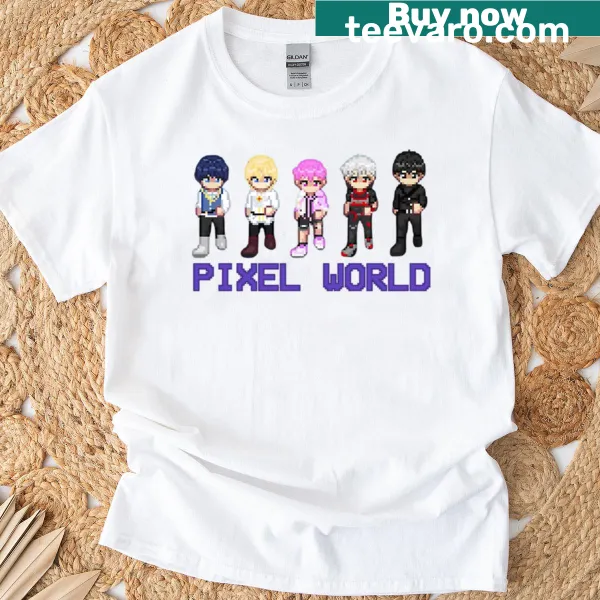 Retro-style T-shirt with pixelated Asterum characters from gaming
