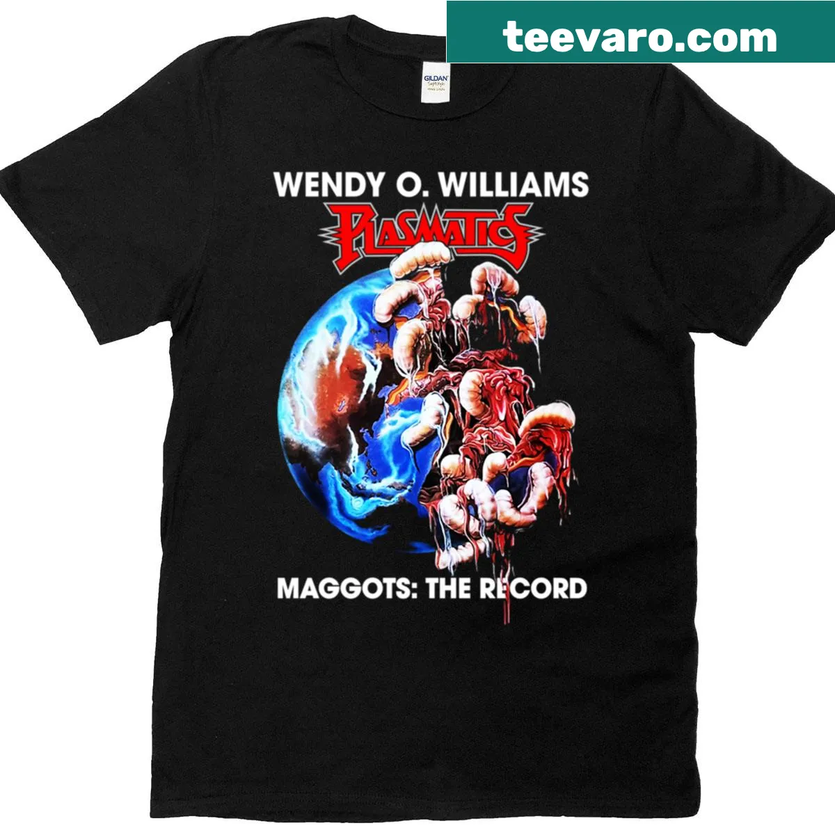Plasmatics album 'Maggots The Record' T-shirt with bold typography. — on a men's t-shirt