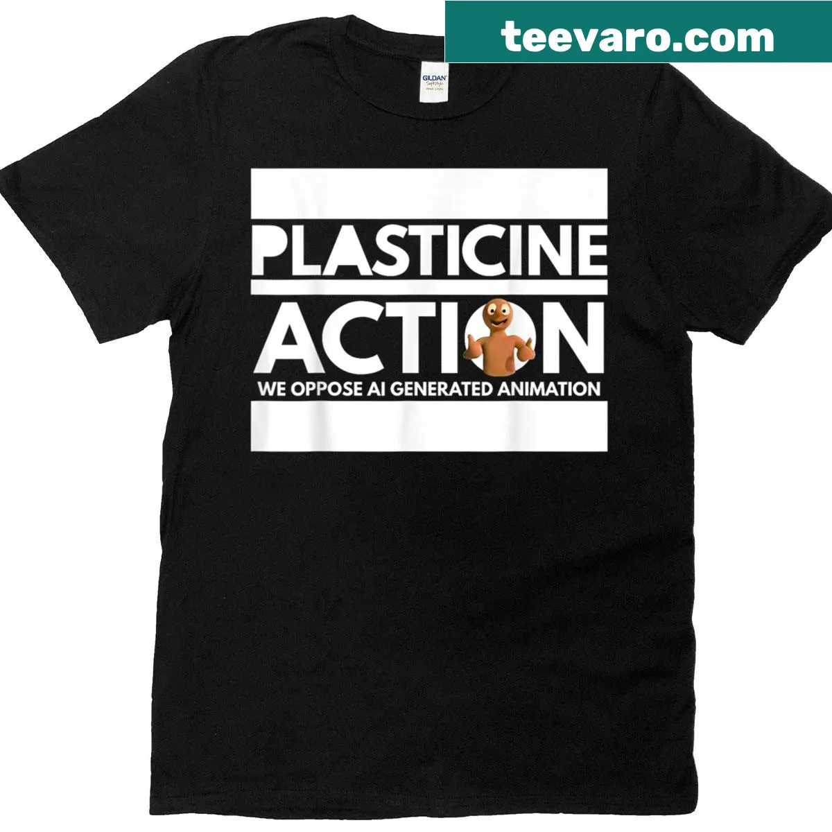 Graphic tee opposing AI-generated animation with bold text design — on a men's t-shirt